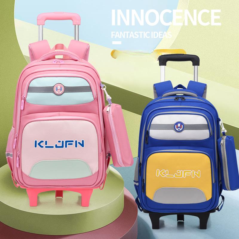 Children's Cartoon Schoolbag Primary School Students Climbing Stairs Large Capacity Dual-purpose Silent Detachable Pull Rod Bag