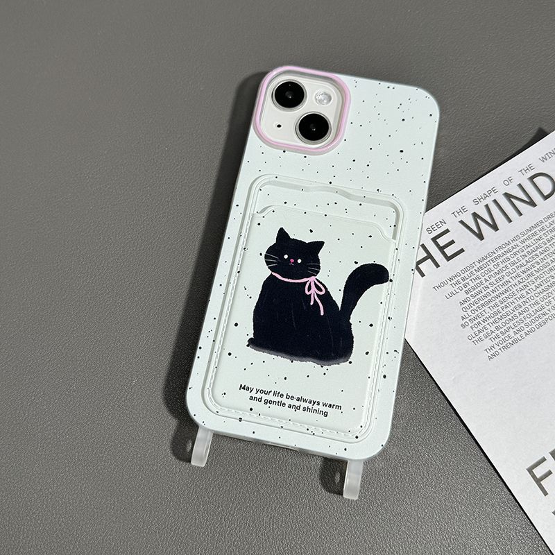 Cute Cartoon Dog Cat Phone Case with Lanyard Card Slot for iPhone 15 14 13 Pro Max Shockproof Cover