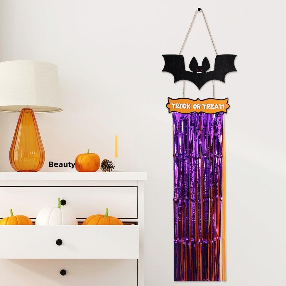 Halloween Eyecatching Wooden Sign With Rainy Tassels Featuring Bats Witches And Skeletons Decor For