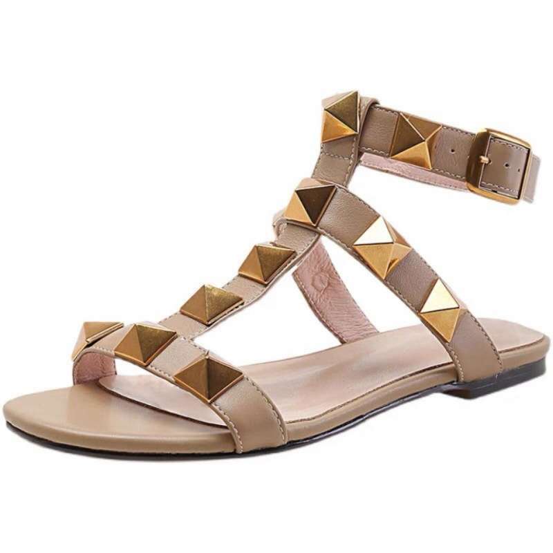 Fashion Womens Soft Leather Studded Sandals Non-Slip Flat Heel European and American Style Belt Buckle Versatile Sandals