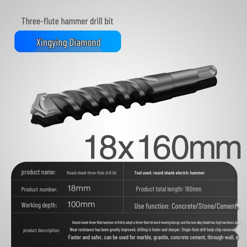 Three-Flute Round & Square Shank Drill Bit for Concrete, Cement, Rebar, Stone, Granite, Marble.