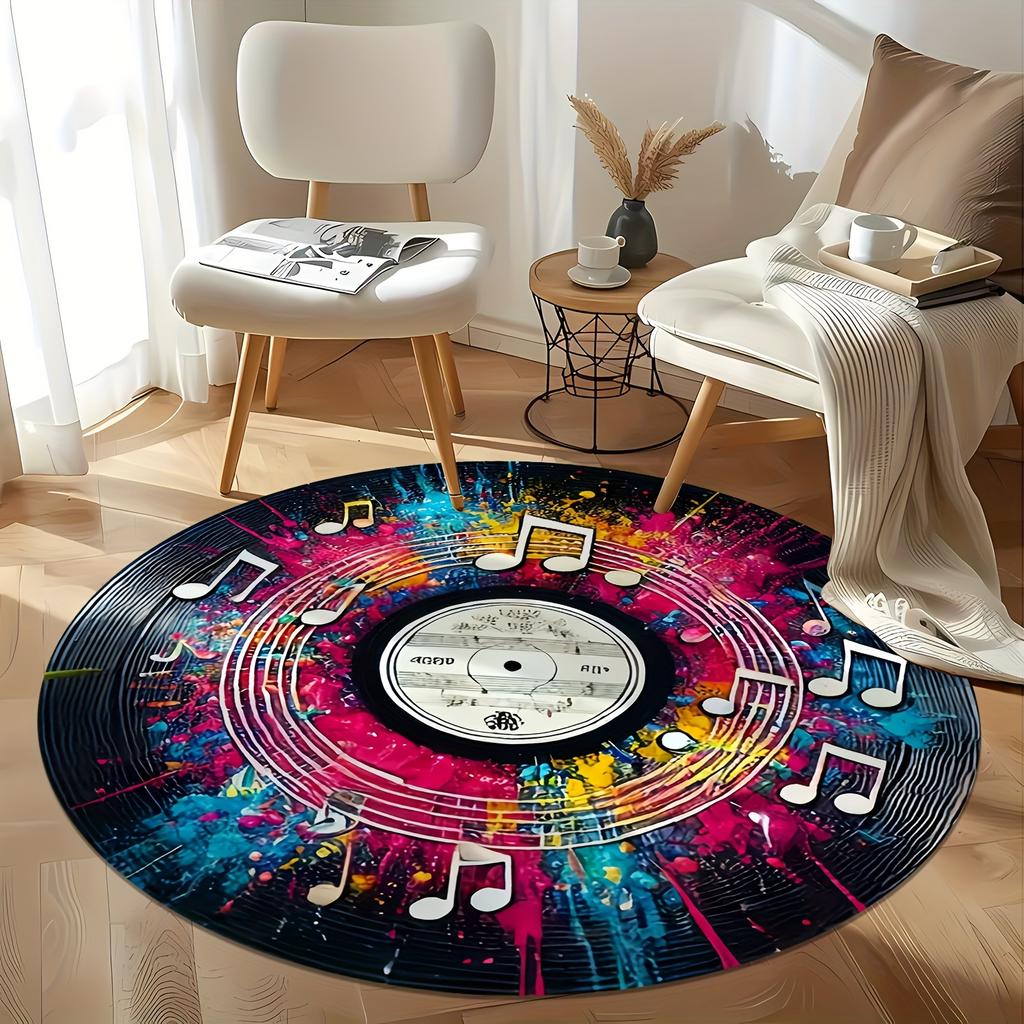Colorful Splash Vinyl Record Musical Note Round Rug, Graffiti Music Staff Floor Mat for Music Studio Living Room Sofa Side Bar