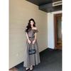 Kumikumi High Sense French Style Frill Off-Neck Dress Women Summer Slimming Temperament A- Line Skirt Long Dress