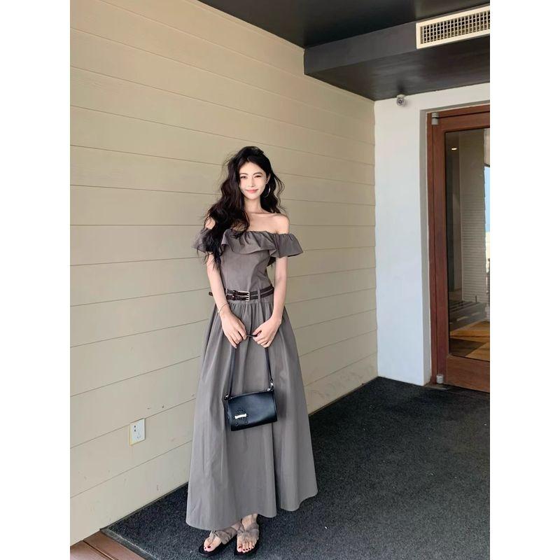 Kumikumi High Sense French Style Frill Off-Neck Dress Women Summer Slimming Temperament A- Line Skirt Long Dress