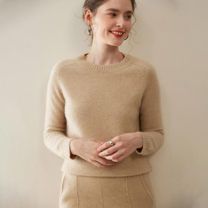 Women's Pure Cashmere Round Neck Sweater - Thickened Knit Pullover, Saddle Shoulder, Autumn/Winter Base Layer.