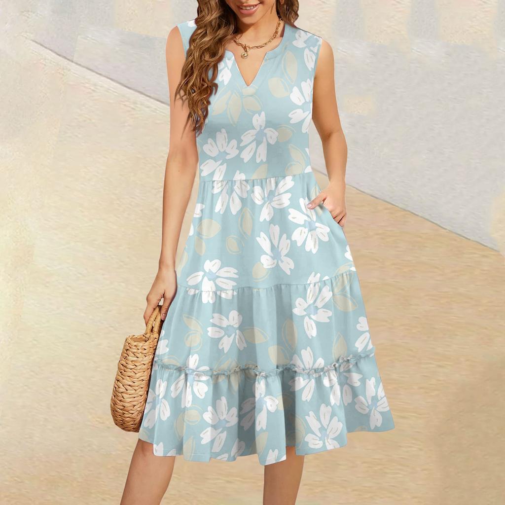 Dámské letní ležérní plisované šaty s volánky ve vintage květinovém stylu s výstřihem do V a bez rukávů
