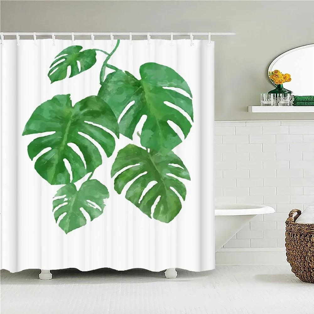 Waterproof Fabric Shower Curtain Printing Fresh Green Plant Leaves Bathroom Curtains Polyester Decoration Bath Screen With Ho