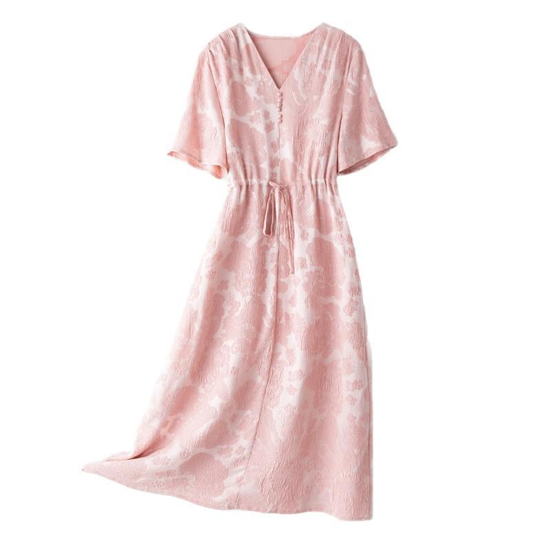Silk dress mmi  women's v-neck jacquard mulberry silk skirt