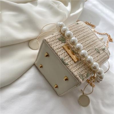 Pearl Handbag Women's 2025 New Trendy Small Square Bag Fashion Chain Shoulder Bag Summer Internet Celebrity Woven Bucket Bag