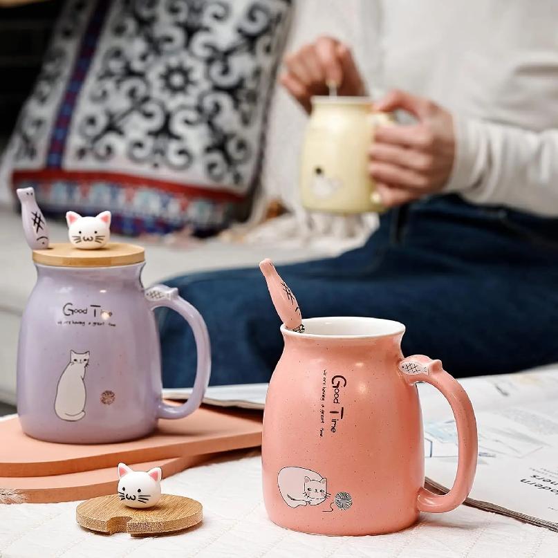 Kawaii Tea Cup Cute Cat Ceramic Coffee Mug with Kitty Lid and Spoon Japanese Style Novelty Gifts for Women Cat Lover Gifts 16oz