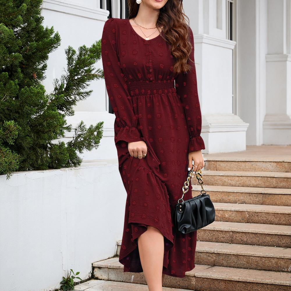 

GMXIA Новое женское осеннее платье с v-образным вырезом и длинными рукавами, жаккардовое платье на талии 2XL красный