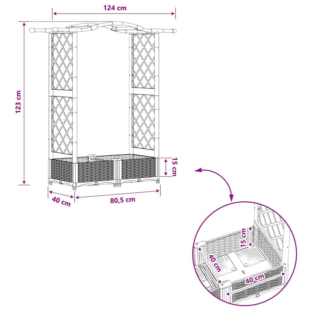 Raised Garden Bed with Trellis and Hanging Roof Black 124 x 40 x 125 cm PP