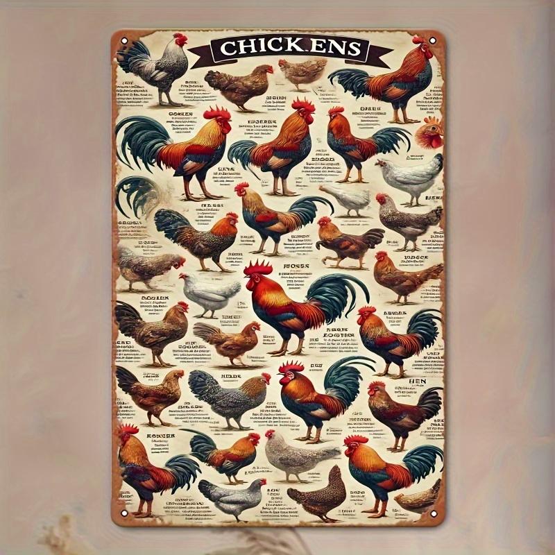 2D Flat, 2D Wall Art- 1pc, Complete Illustration of Chicken Breeds- Vintage Metal Tin Painting, Artistic Decoration, Easy Instal