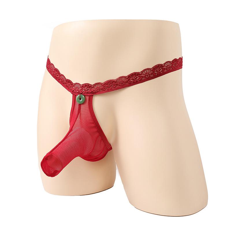 Mens Lingerie Thong Open Elephant Thong Safety Button Underwear Low Rise G-String Mesh See Through Long Penis Sheath Panties