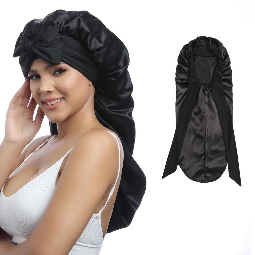 Adjustable Satin Nightcap with Bow Knot and Elastic Band