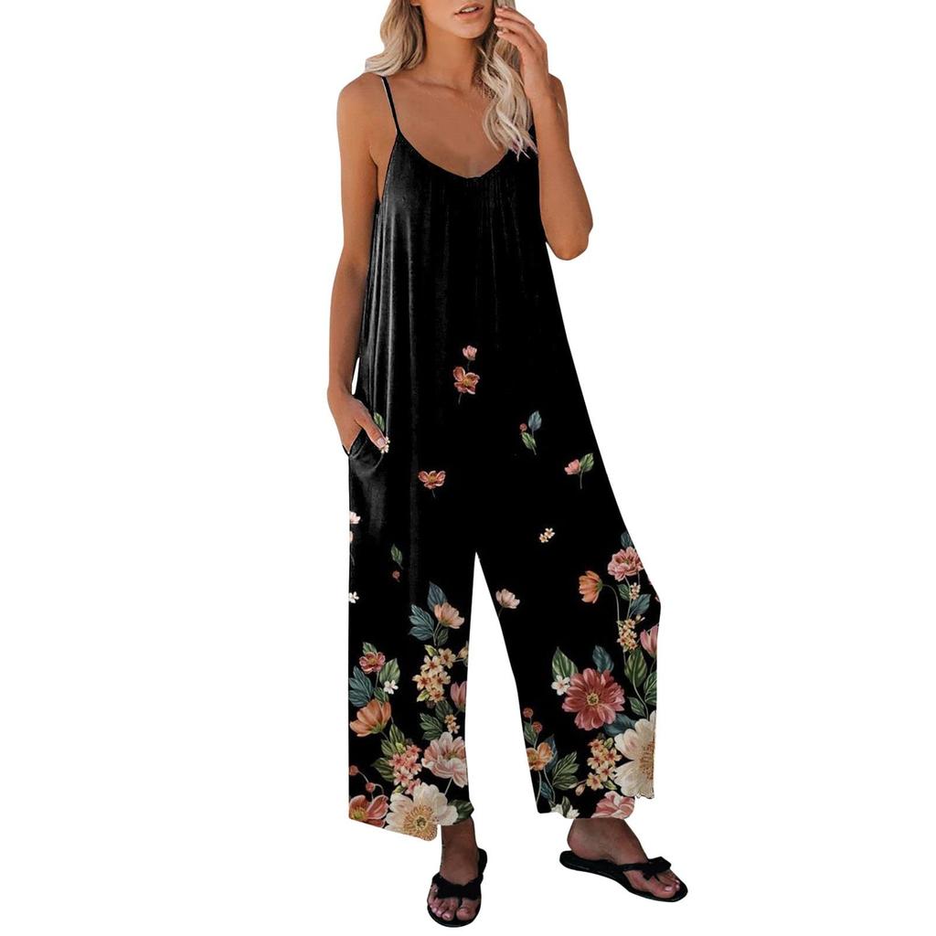 Women's Loose Sleeveless Jumpsuits Adjustable Spaghetti Strap Stretchy Long Pant Romper Jumpsuit With Pockets