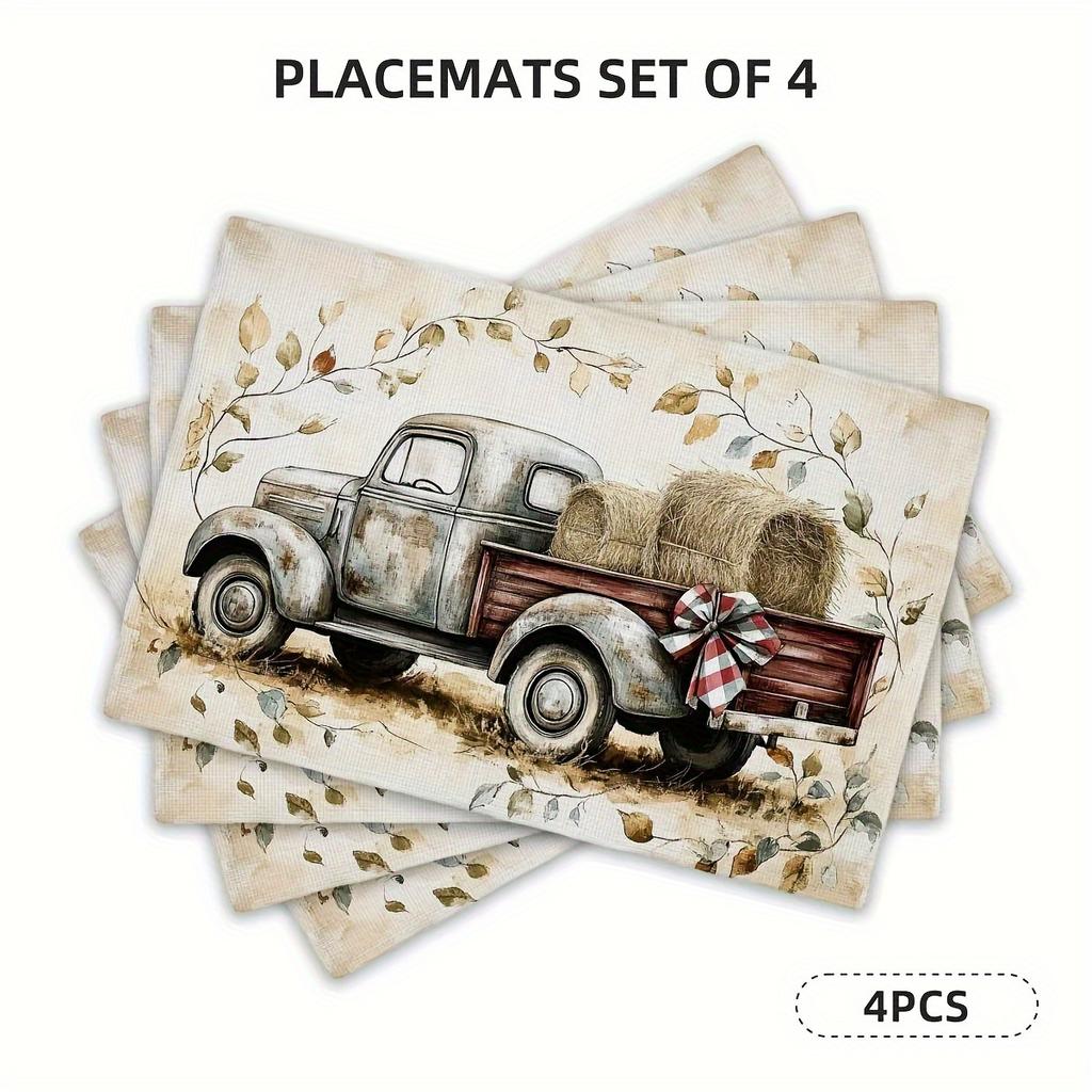 4pcs Linen Placemats, Autumn Farm Truck Decorative Placemats, Suitable for Kitchen and Restaurant Decoration, Family Gathering D