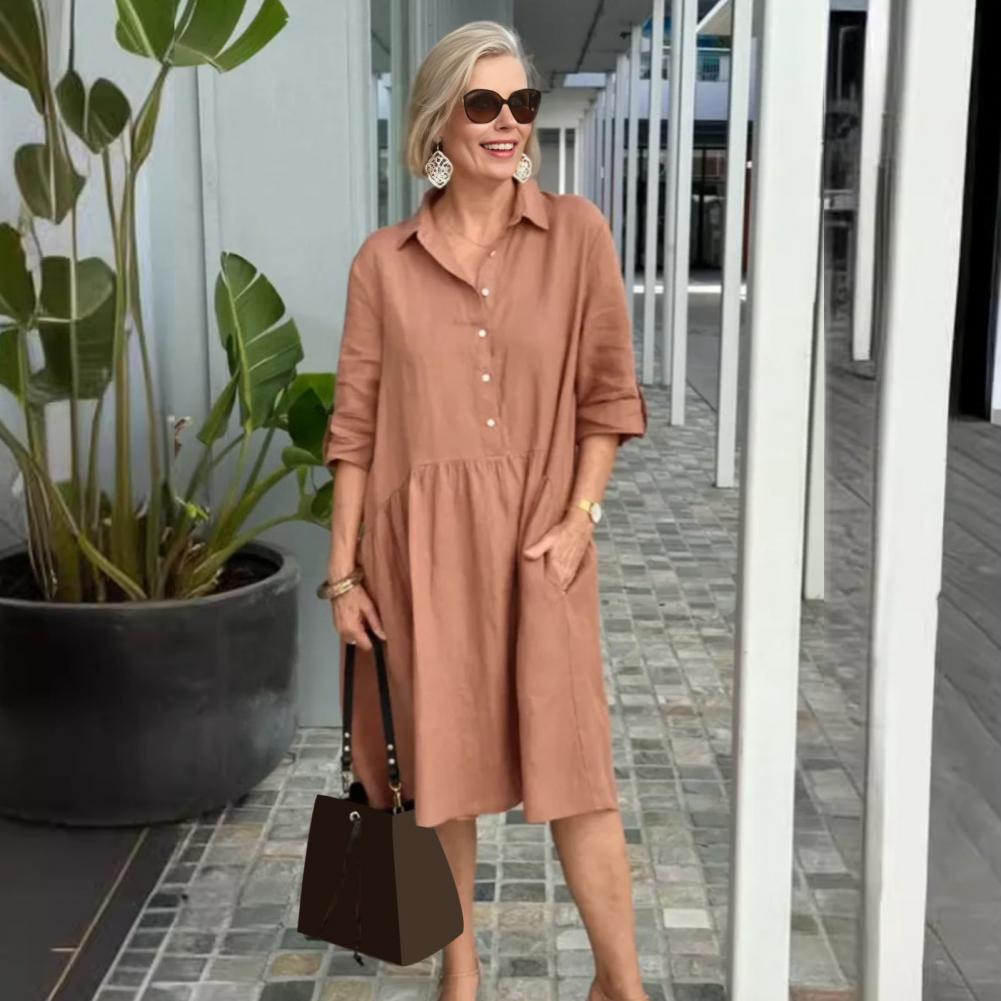 Dámské šaty A-line s límečkem Vintage Jednobarevné Kapsa Midi Šaty Volné Ležérní Letní Krátký Rukáv Šaty na Párty Cestování Buďte