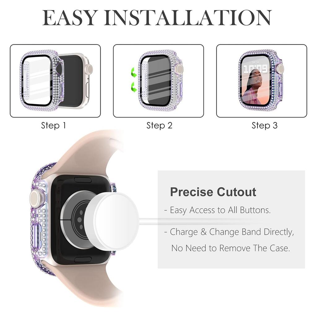 Etui Błyszczące z Cyrkoniami + Szkło Hartowane dla Apple Watch Seria 11 10 9 8 7 SE, 46 42 45 41 44 40 38mm