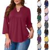 Blusa Casual Elegante de Manga Três Quartos com Botões e Decote em V, Tamanho Grande para Mulheres