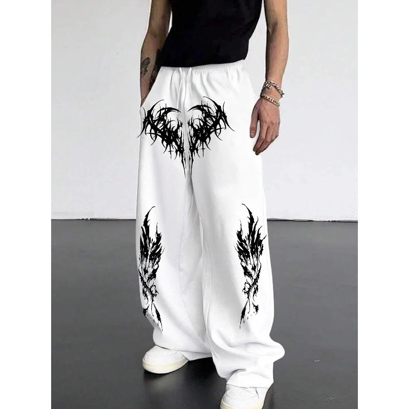 Dark Gothic Print Loose Slim Fit Drawstring Sports Pants, Unisex Wide Leg Sweatpants