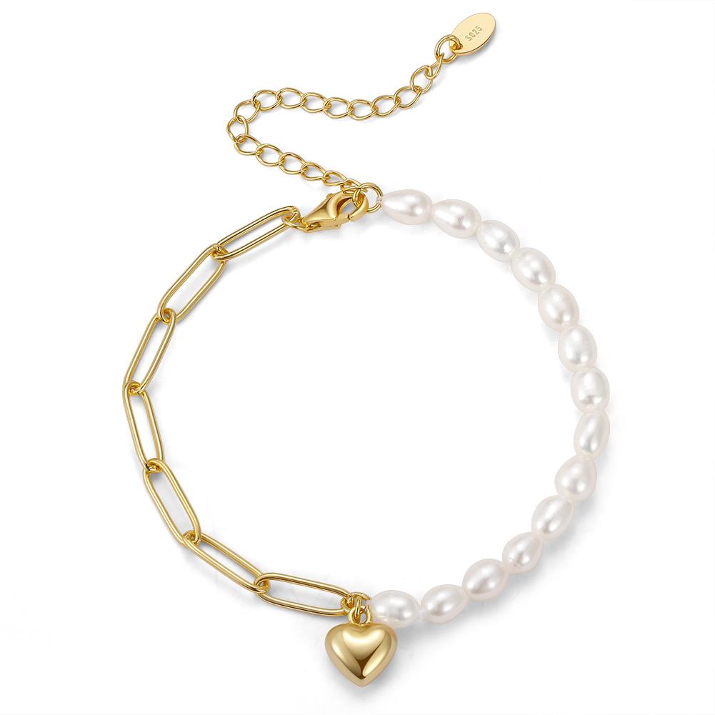 Pearl Jewelry 925 Silver Pearl Bracelet Heart Charm Paperclip Chain14K Gold Plated Freshwater Pearl Bracelet