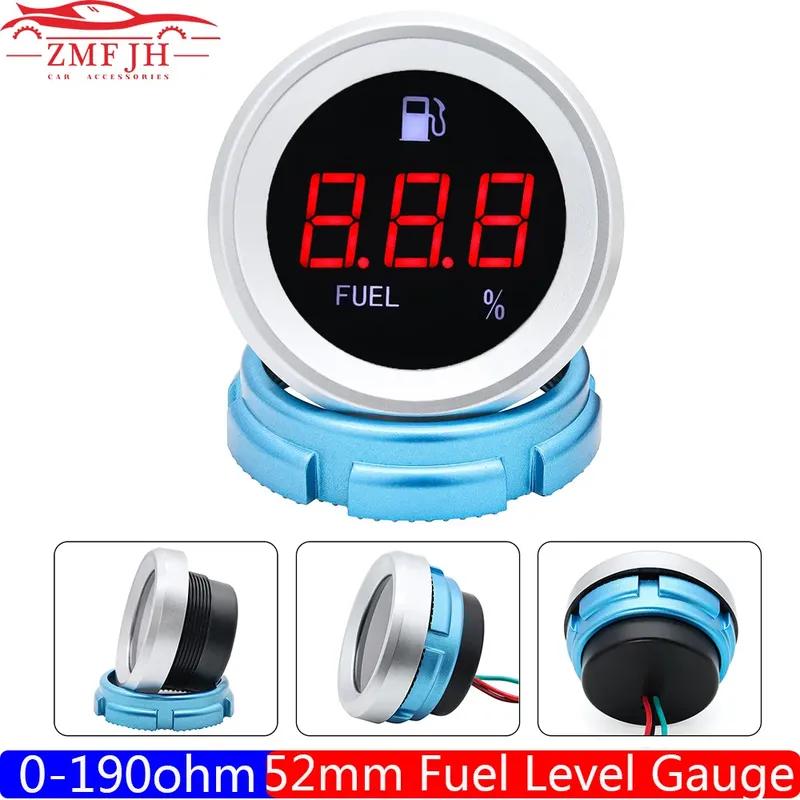 0~190 ohm Digital 52mm Fuel Level Gauge Red Light Oil Level Meter Blue Shell Fuel Gauge for Diesel Gasoline Marine RV Car 12V24V
