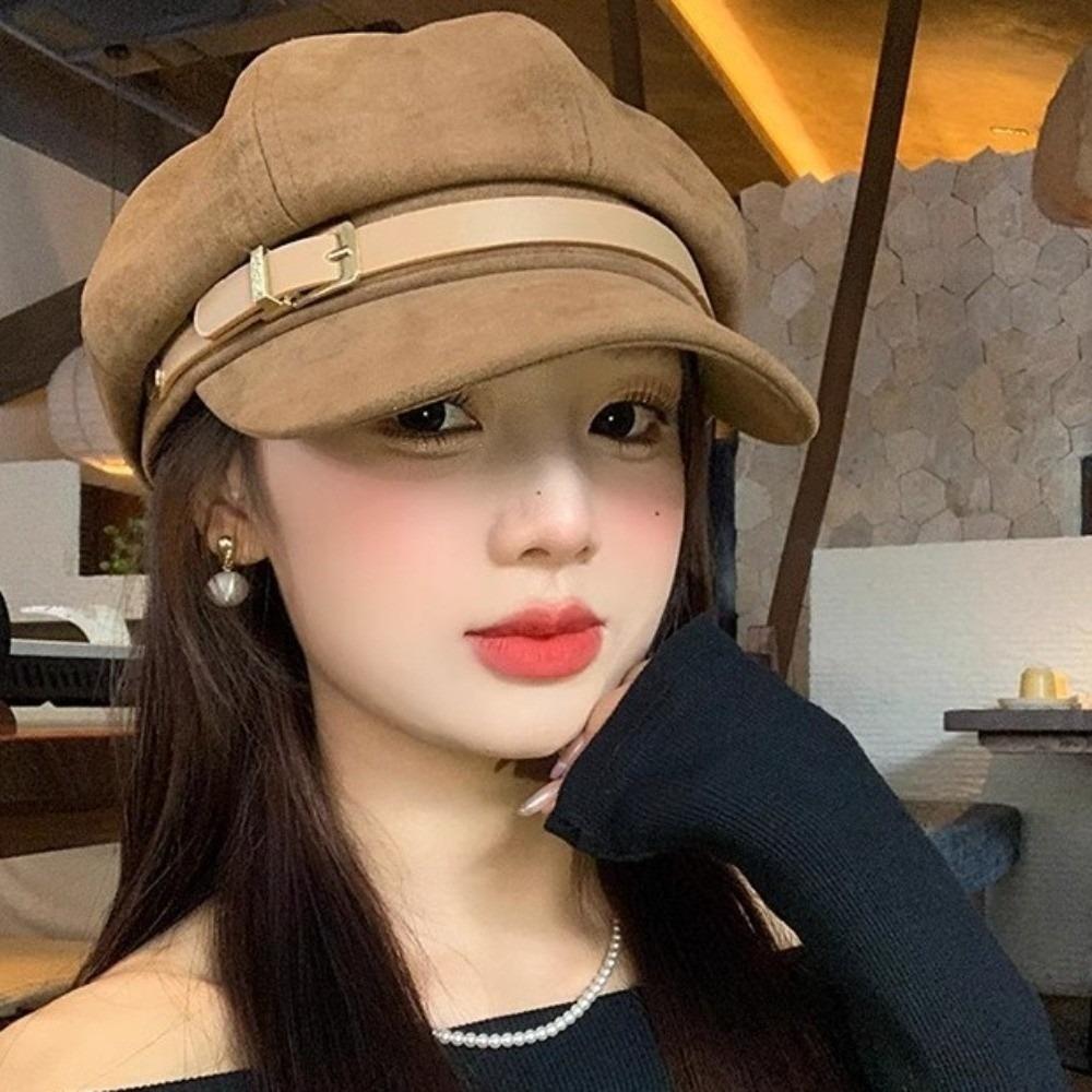 British Style Pu Leather Beret Belt Buckle Painter Hat Casual Suede Octagonal Hat  Autumn