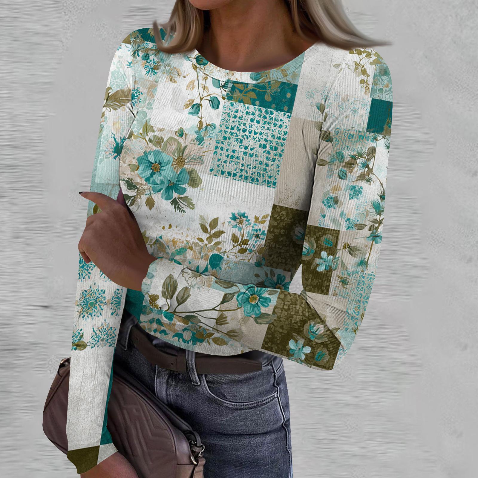 Women s Casual Fashion Round Neck Retro Print Long Sleeve Ribbed Top S