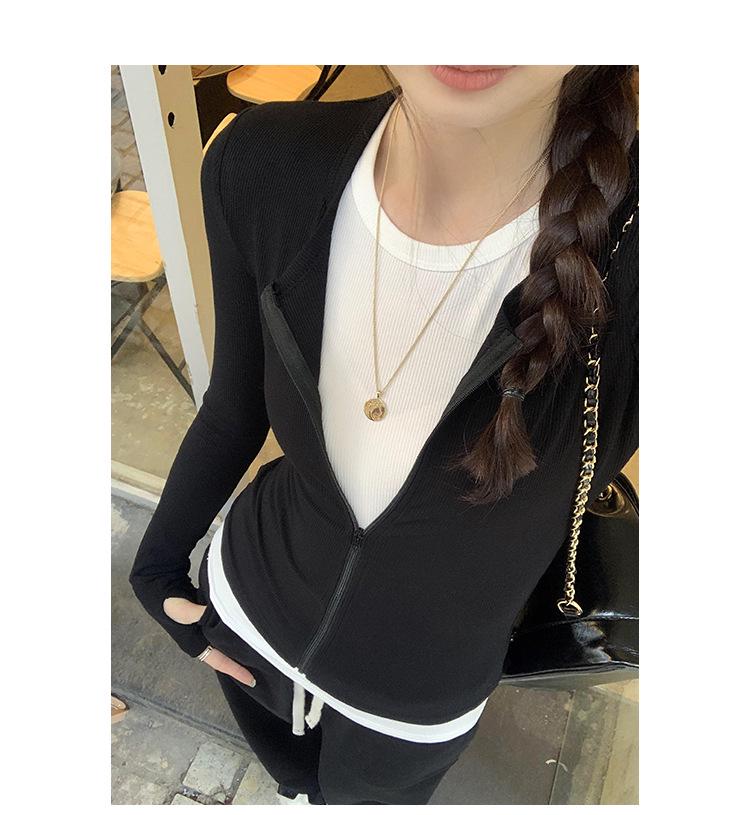Women's Korean Style Colorblock Zip-Up Cardigan Long Sleeve T-Shirt - Autumn/Winter 2024 Slimming Top