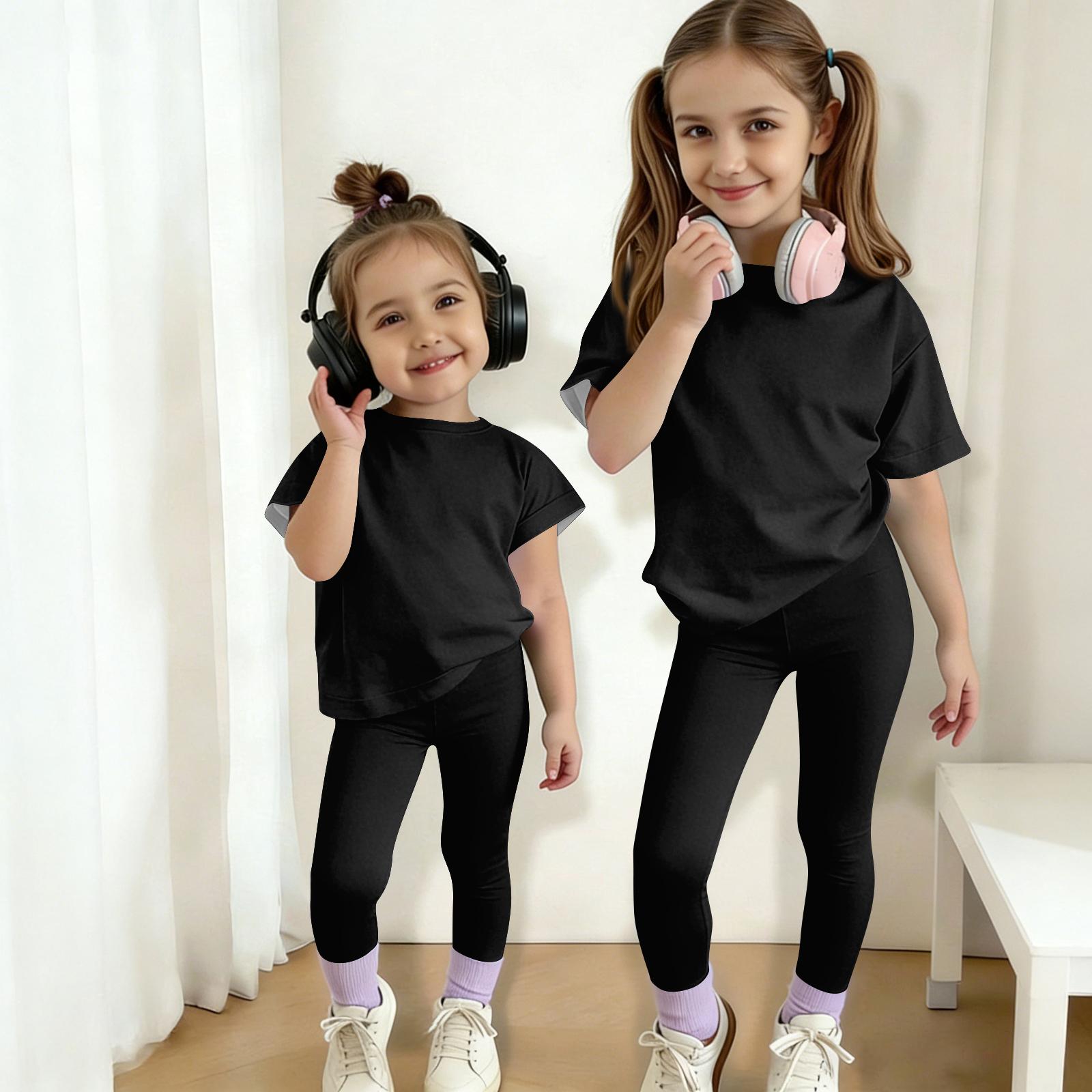 

Girls Short Sleeve T Shirt and Leggings Set Two Piece Outfit for Kids Soft Breathable Crew Neck Top and Stretch Pants 150 чёрный