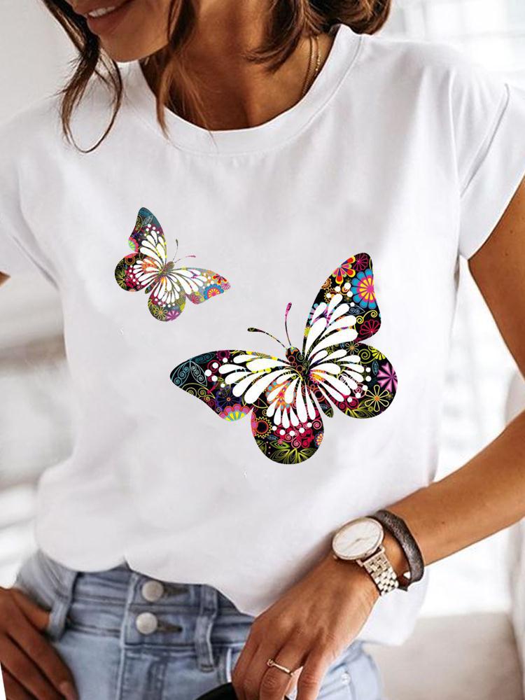 Print Round Neck Women Clothes T Shirt Harajuku Womens Shortsleeved Insect Butterfly Dragonfly Aesthetic Clothes S