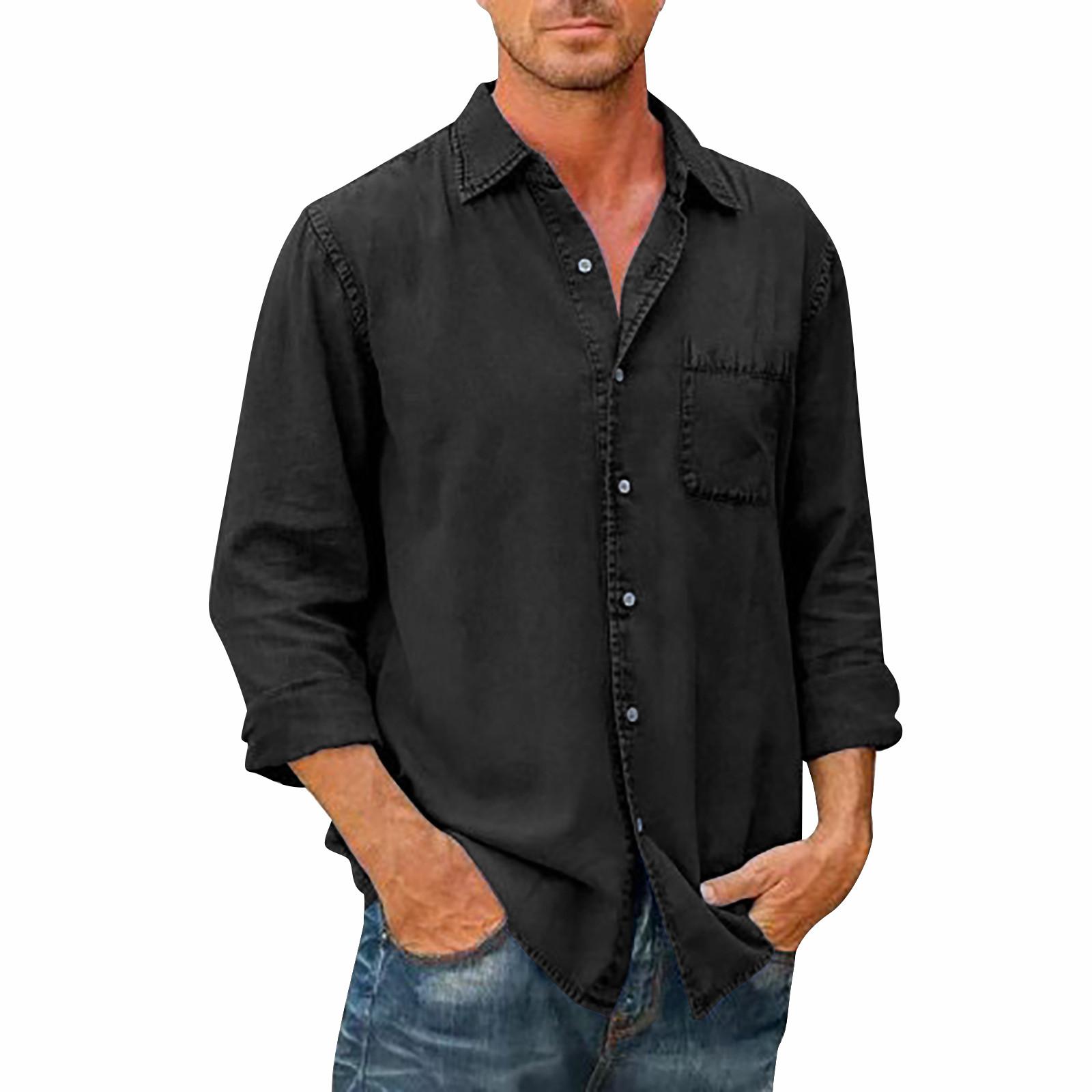 

Дизайнерские весенне-летние мужские повседневные хлопковые льняные рубашки с длинным рукавом, свободные рубашки L чёрный