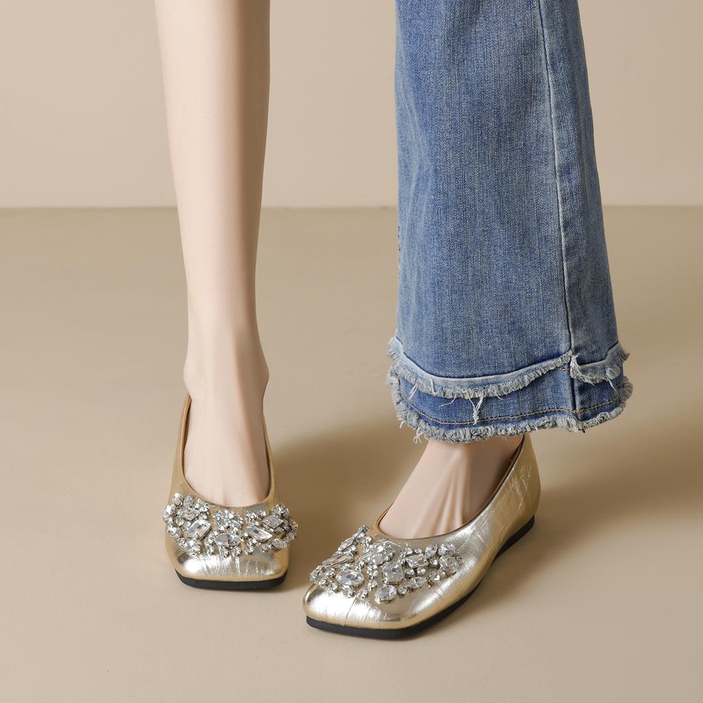 Square head single shoes women's flat bottom rhinestone shallow mouth laden shoes gentle with skirt women's shoes