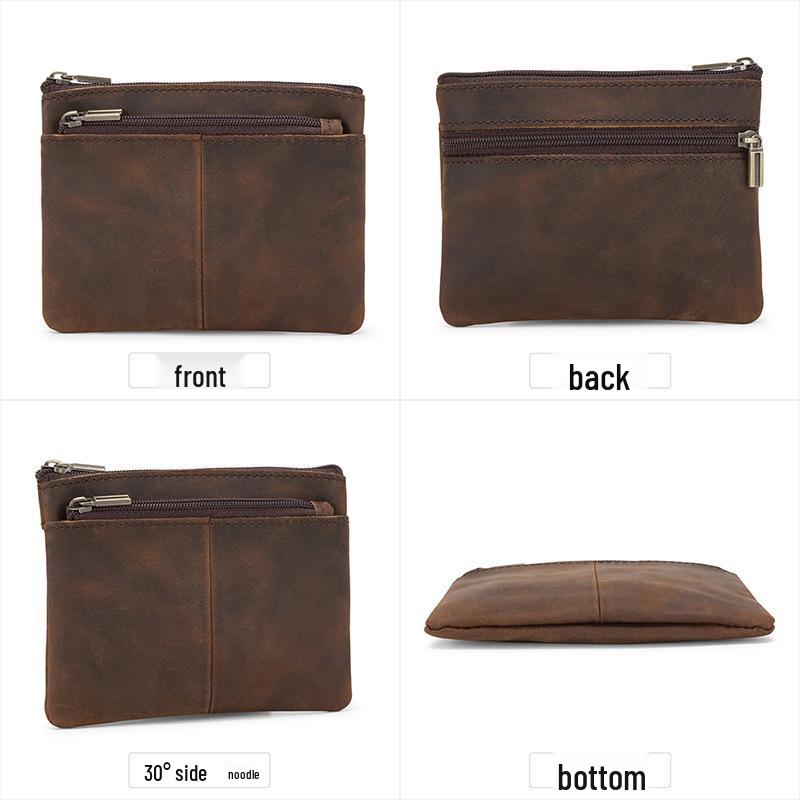 Vintage Cowhide Mini Coin Purse with Zipper - Slim, Stylish Coin Storage Bag with Pendant