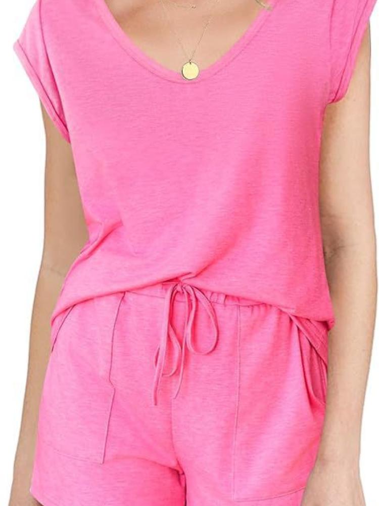 

Женская повседневная футболка с V-образным вырезом и короткими рукавами в комплекте с шортами с высокой талией и широкими штанинами различных цветов 2XL