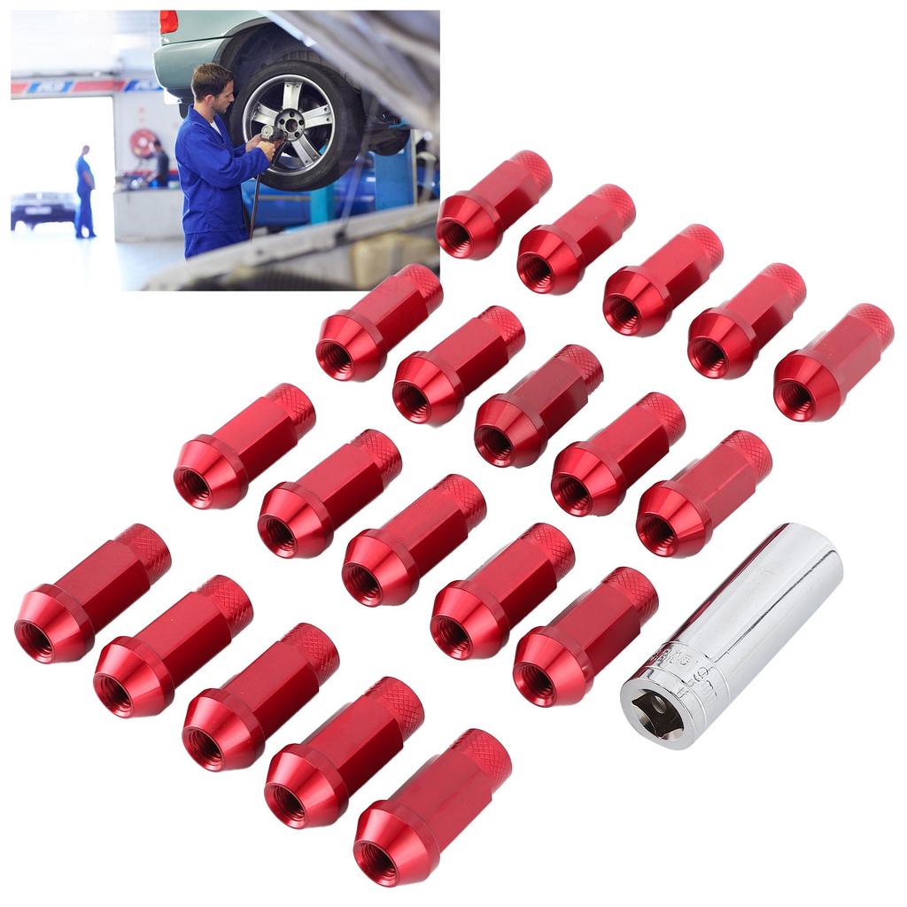 20Pcs 50mm Wheel Lug Hub Nuts Universal M12x1.5 Thread Aluminium Alloy W Mounting SocketRed