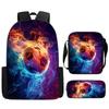 Mochila escolar de grande capacidade com alça de ombro; conjunto de estojo de lápis de três peças para estudante