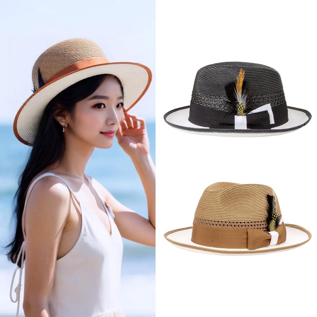 Elegant Raffia Panama Hat With Feather Detail Unisex Foldable Travel Accessory For Beach Party
