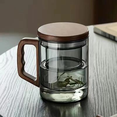 400ml Walnut Wooden Handle Glass Tea Cup With Tea Infuser Filter Flower Tea Water Separation Scented Tea Mug Drinkware