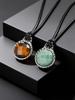 Stylish Vintage Green Natural Stone Tiger Eye Round Pendant Necklace Adjustable Rope Chain Stainless Steel Jewelry for Men Gift