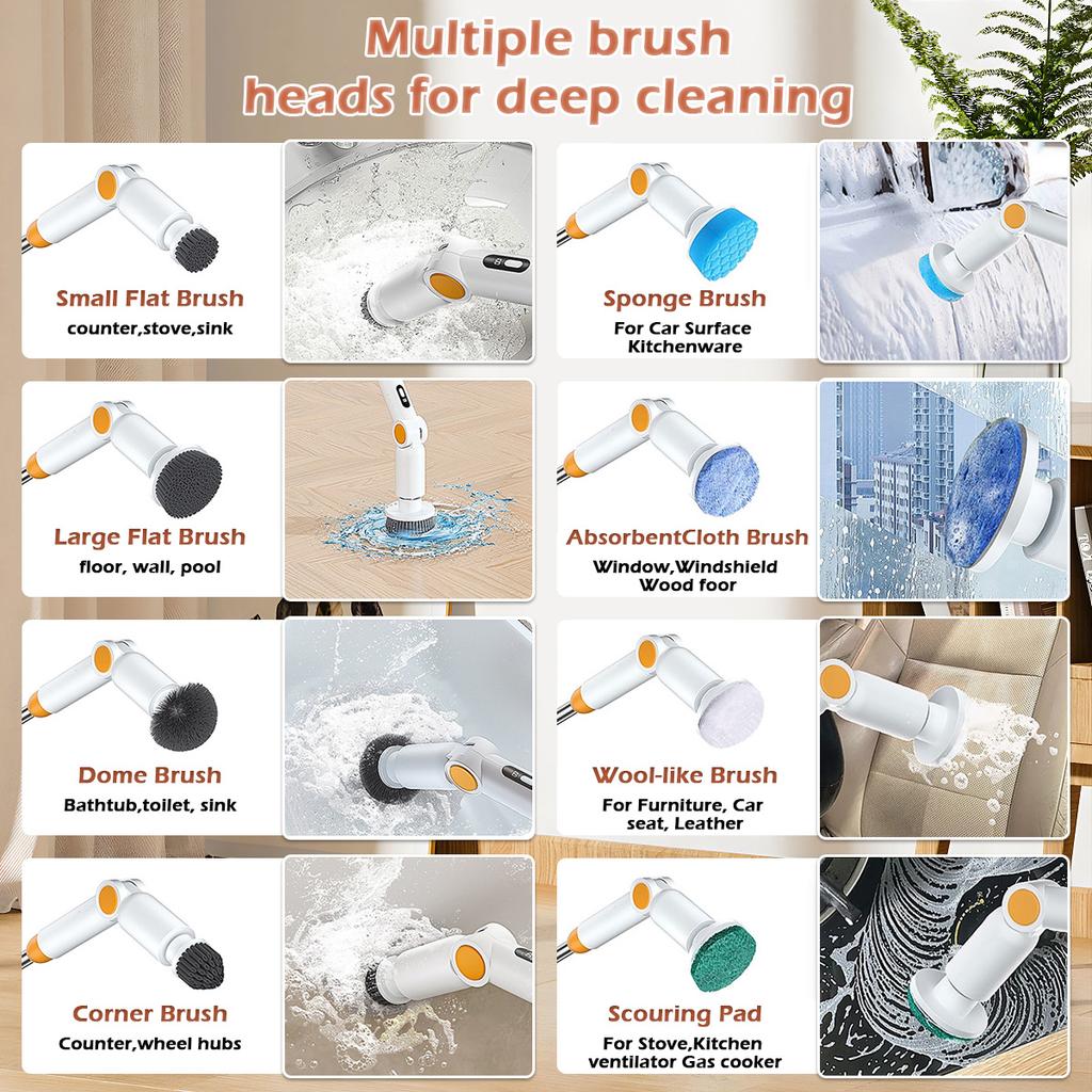 Elektryczna szczotka obrotowa, 2025 Nowa bezprzewodowa szczotka czyszcząca IPX7 Wodoodporna, Szczotka do czyszczenia prysznica z 8 wymiennymi głowicami szczotkowymi
