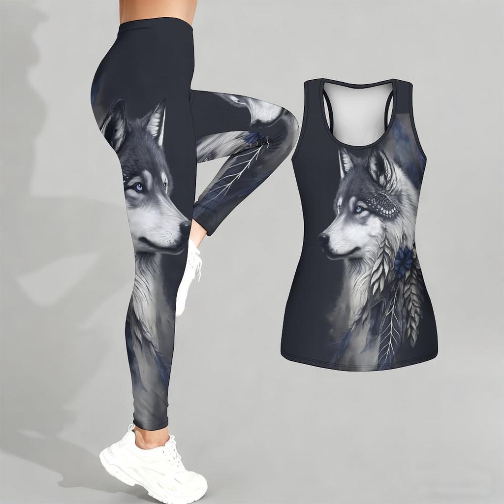 Loyales Tiermuster Druck Yoga Outfit für Damen Mode Workout Leggings Fitness Sport Lässiges Yoga Set Sportanzug