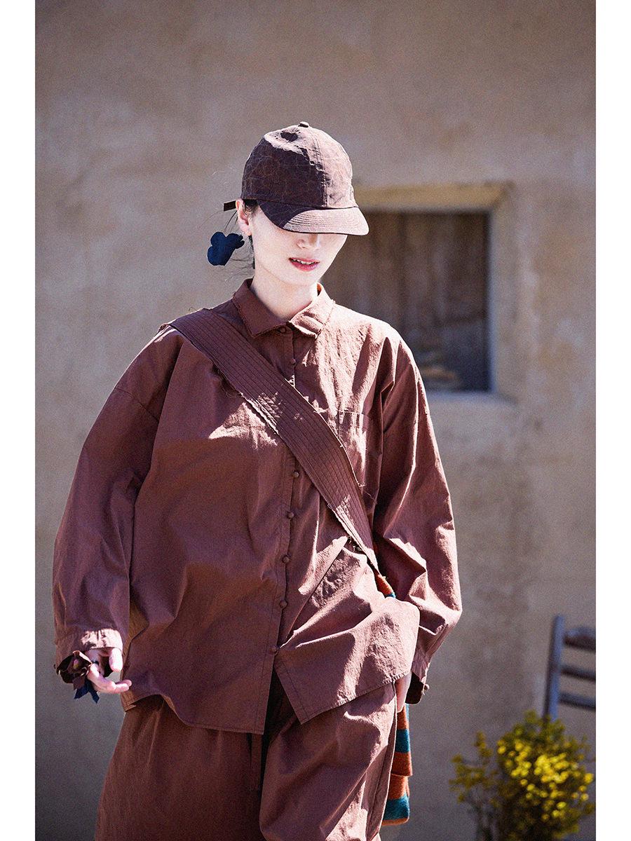 Autumn/Winter Retro Hazelnut Red-Brown Cotton Top for Women - High Density, Micro-Elastic, Casual Loose Fit Large