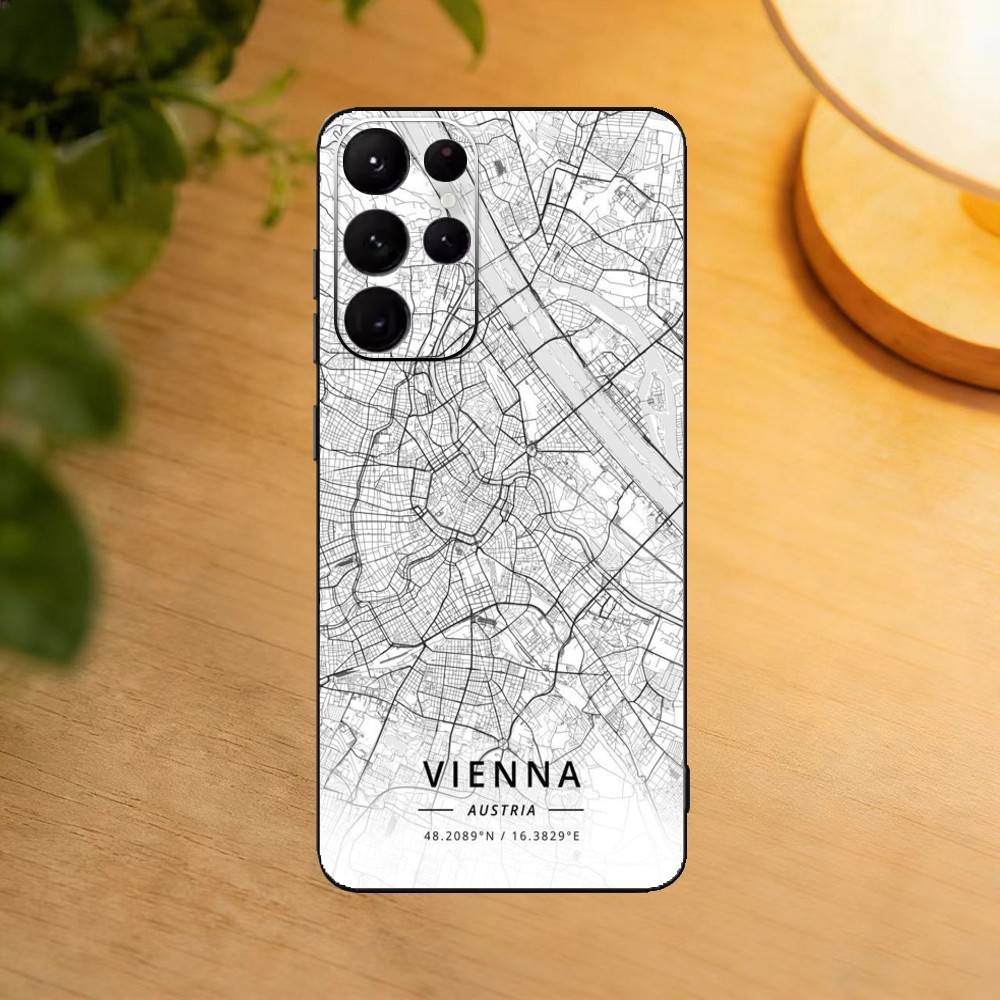 Famous City Sketch City Map Phone Case For Samsung S25,S24,S21,S22,S23,S30,Ultra,S20,Plus,Fe,Lite Black Shell