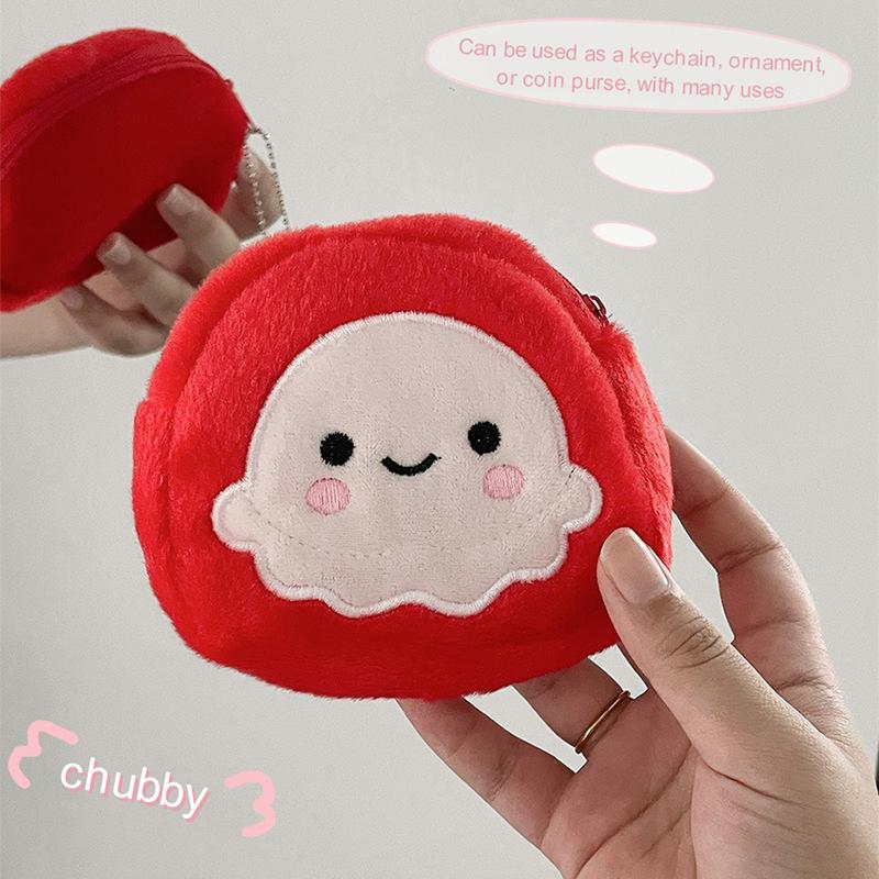 Cute Cartoon Red Octopus Plush Coin Purse Portable Mini Zipper Wallet With Keychain Earphone Key Id Credit Card Storage Bag