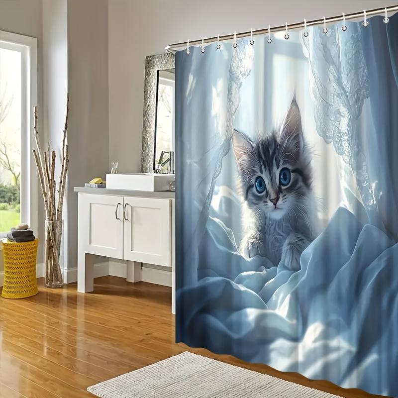 Cute Kitten Shower Curtain Blue Eyes Cat Design Waterproof Bathroom Decor Adorable Pet Theme Bath Curtains For Home