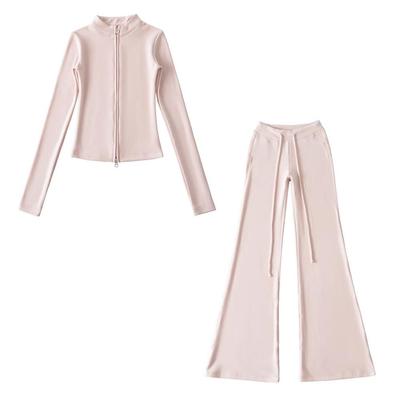 Tall Slim-Fit Two-Piece Set: Stand Collar Zipper Fleece Cardigan & Micro-Flare Floor-Length Pants for Women
