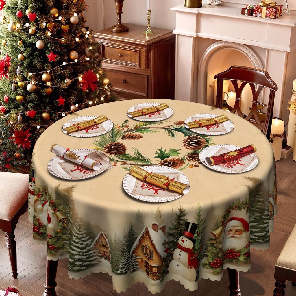 European Christmas Tablecloth, Waterproof And Oil-Proof Printed Dining Table Cloth, Santa Claus Snowman Pine Cone Printed Dining Table Tablecloth
