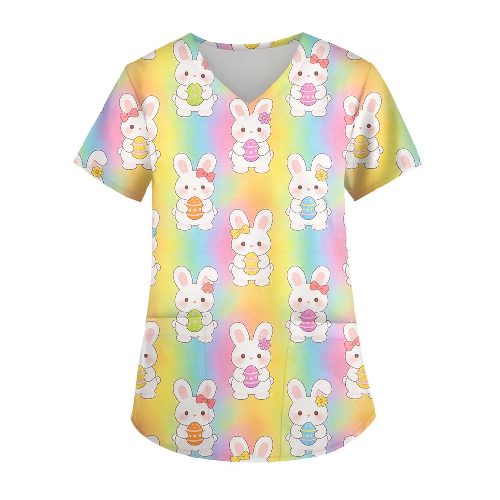 Ladies' Easter printed fashionable V-neck pocket short sleeved uniform and caregiver top
